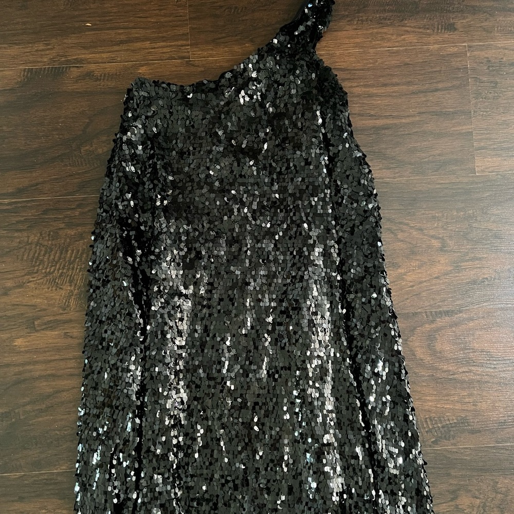 Halston Heritage Black Sequin Sparkly One Shoulder Tent Dress size 0 EUC